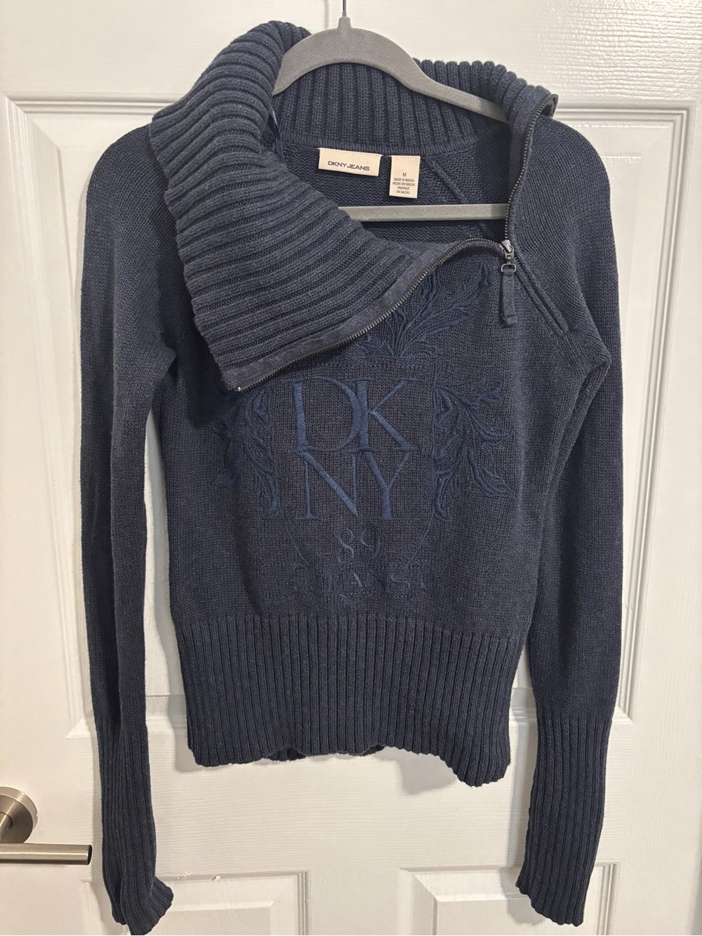 Vintage DKNY Jeans Y2K Embroidered Cowl Neck Zip Sweater Navy M 100% Cotton